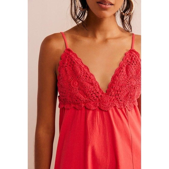 New Free People Lovey Maxi Dress Crochet Red Cotton Summer Sundress XS